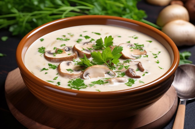 a bowl of soup with mushrooms and parsley