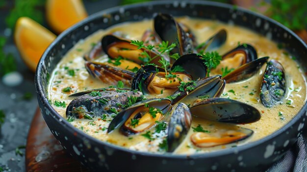 Bowl of Soup With Mussels and Parsley