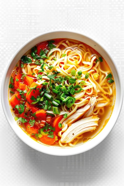 Bowl of soup with noodles carrots and chicken