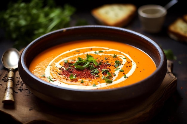 a bowl of soup with a plate of food on it