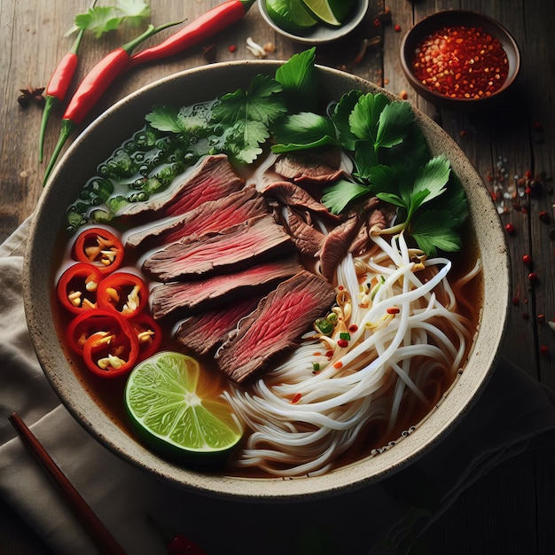 a bowl of soup with a red pepper and a green vegetable