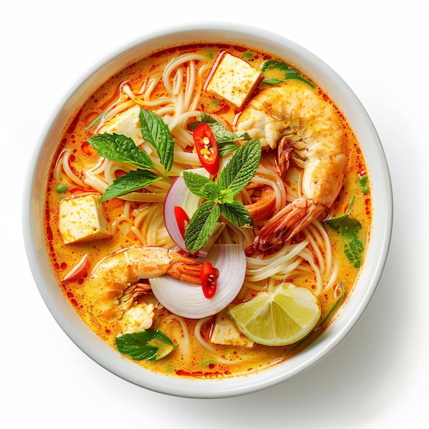 Photo a bowl of soup with shrimp tofu and vegetables