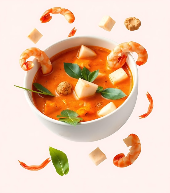 a bowl of soup with shrimp and vegetables on it