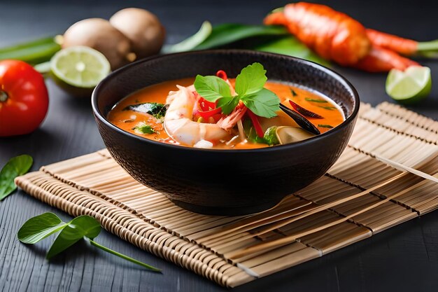 a bowl of soup with shrimp and vegetables on a table.