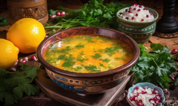 A bowl of soup with a side of pomegranate and a bowl of fermented foods.