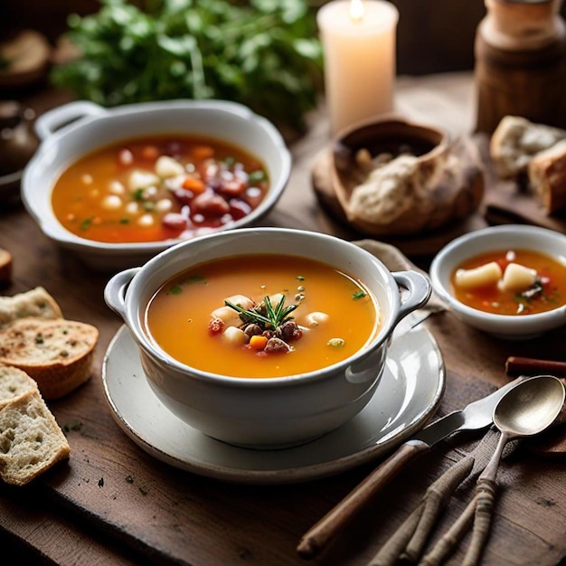 a bowl of soup with a slice of bread on the table