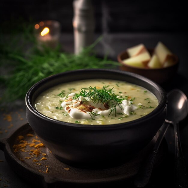 A bowl of soup with a spoon and a bowl of food on the table.