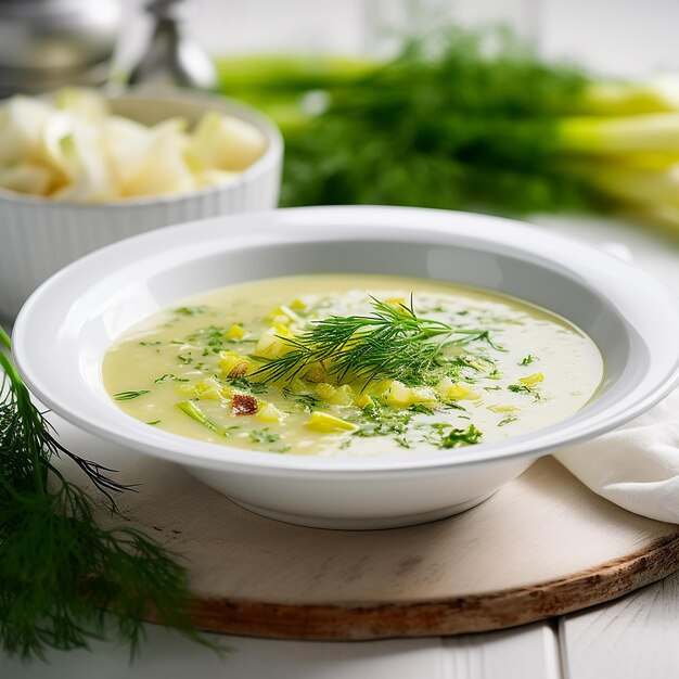 Photo a bowl of soup with a spoon next to a bowl of soup