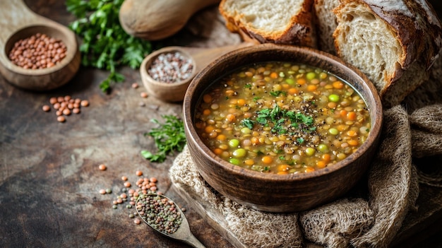 Photo a bowl of soup with a spoon and a loaf of bread on a table