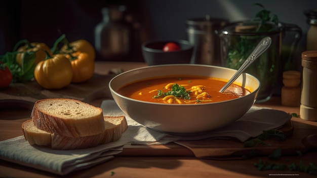 A bowl of soup with a spoon resting on a table next to a pile of bread.