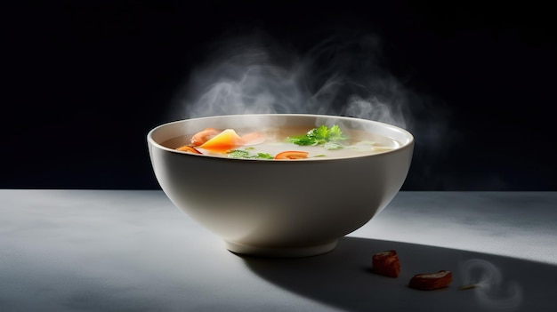 A bowl of soup with steam rising from it