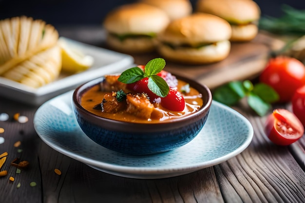 a bowl of soup with strawberries and a plate of sandwiches