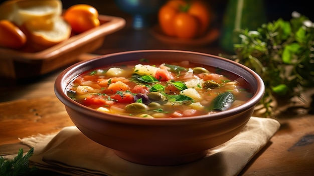 A bowl of soup with tomatoes on the side