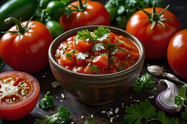 Photo a bowl of soup with tomatoes and a tomato