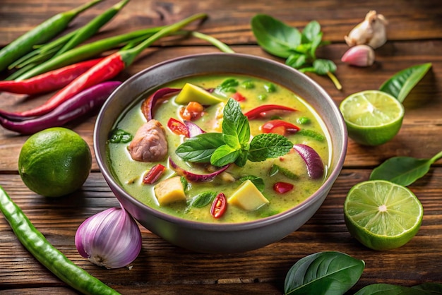 Photo a bowl of soup with vegetables and fruits on a wooden table