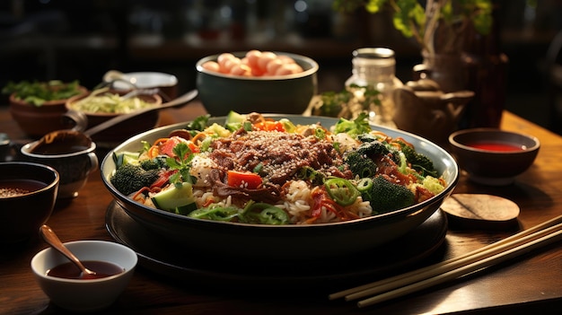 A bowl of soup with vegetables and noodles