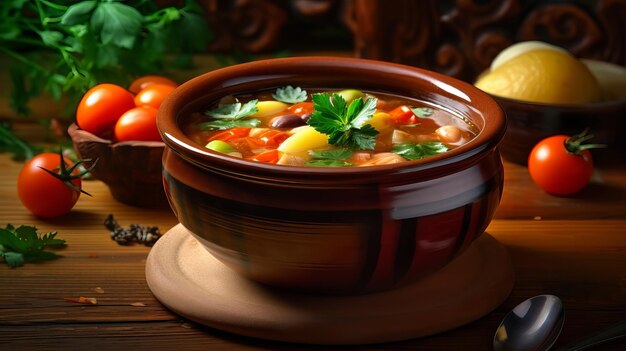 A bowl of soup with vegetables on a table