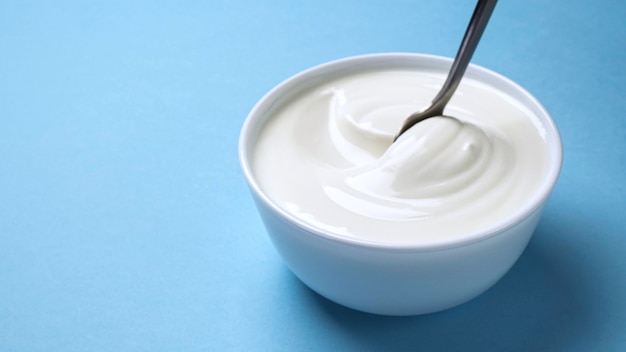 Bowl of sour cream, greek yogurt with spoon