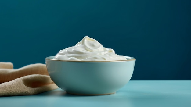 A bowl of sour cream sits on a blue table.