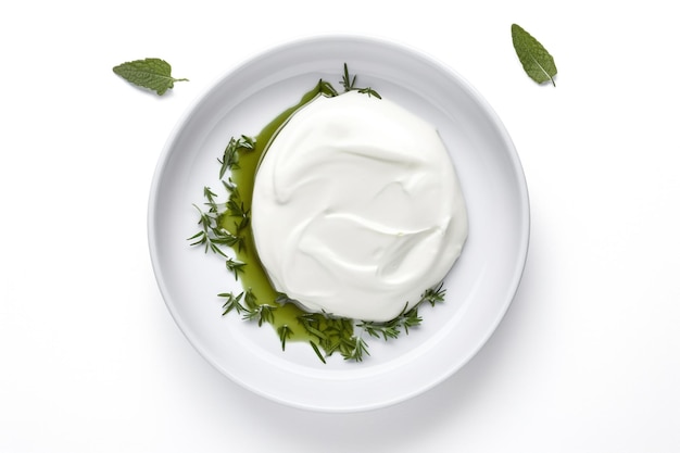 A bowl of sour cream with a few herbs on it