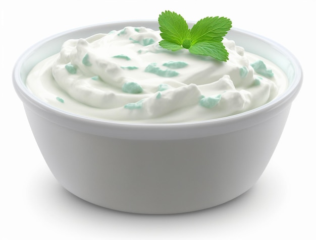 A bowl of sour cream with mint leaves on it