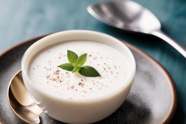 A bowl of sour cream with a sprig of mint on top