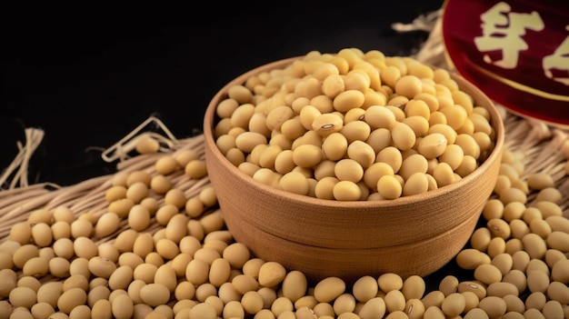 A bowl of soybeans next to a red and white bag of soybeans.