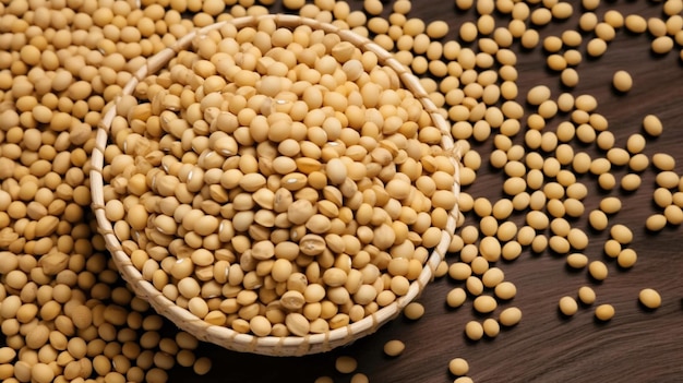 A bowl of soybeans sits on a dark wooden table.