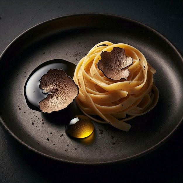 a bowl of spaghetti and a black plate with a gold ball on it