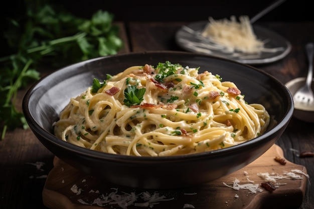 Bowl of spaghetti carbonara topped with fresh herbs created with generative ai