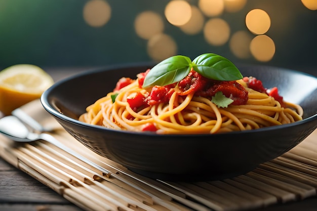 A bowl of spaghetti with a basil leaf on top