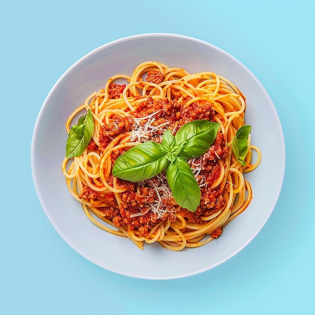 Photo a bowl of spaghetti with basil leaves on it