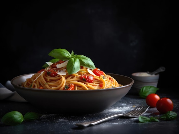 A bowl of spaghetti with basil leaves on a table.