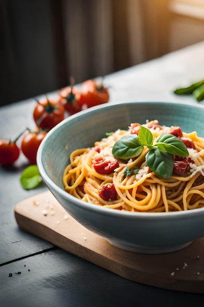 A bowl of spaghetti with basil leaves on a wooden table