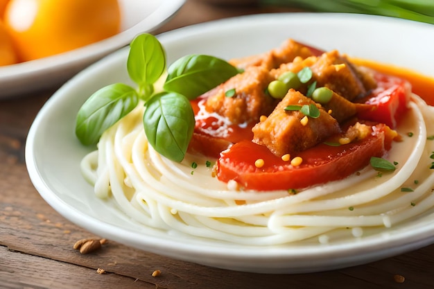 A bowl of spaghetti with chicken and basil on top