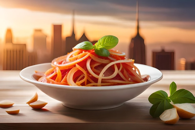 A bowl of spaghetti with a city in the background