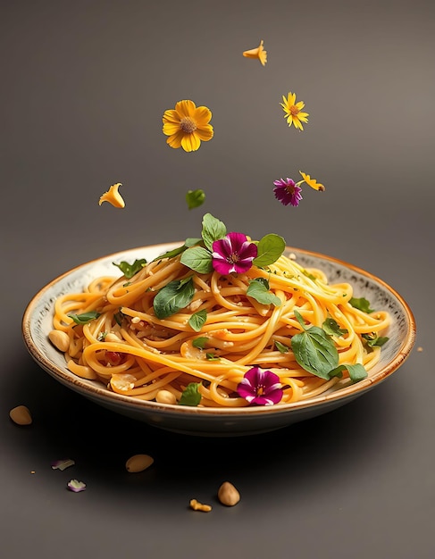 Photo a bowl of spaghetti with flowers and butterflies flying around it