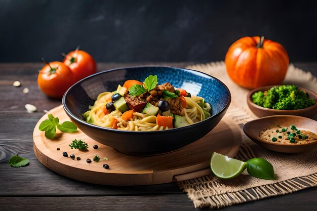 A bowl of spaghetti with a green leaf on the side.