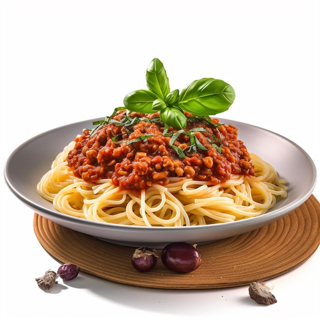 A bowl of spaghetti with a green leaf on top of it.