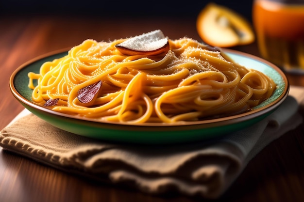 A bowl of spaghetti with a lemon slice on the top.