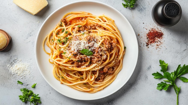 Photo a bowl of spaghetti with meat and cheese on it