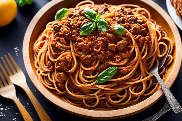 A bowl of spaghetti with meat sauce and basil leaves