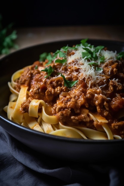 A bowl of spaghetti with meat sauce and parmesan cheese