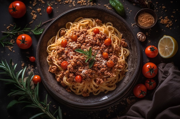 A bowl of spaghetti with meat sauce and tomatoes on a dark background.