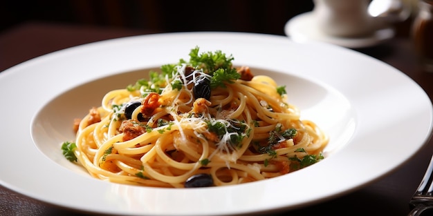 A bowl of spaghetti with olives and parsley