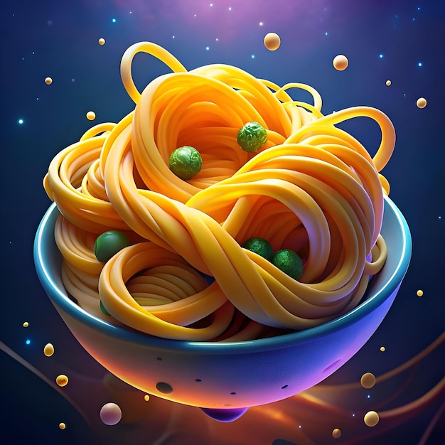 A bowl of spaghetti with peas rendered in a vibrant colorful style