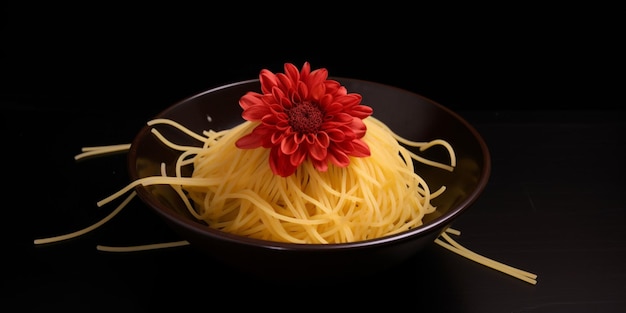 A bowl of spaghetti with a red flower on top