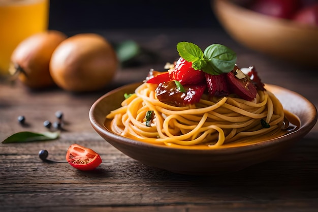 a bowl of spaghetti with strawberries and strawberries on a wooden table