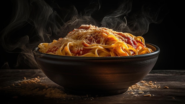 A bowl of spaghetti with tomato sauce and cheese on top