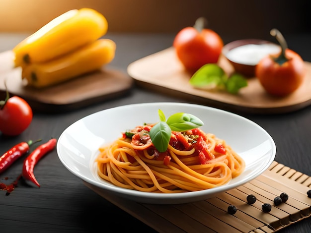 A bowl of spaghetti with tomato sauce and tomatoes on a table.